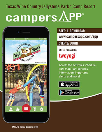 download campers app for Texas Wine Country Jellystone customers from Google or Apple stores - see what we are doing and where we are doing it from your mobile device
